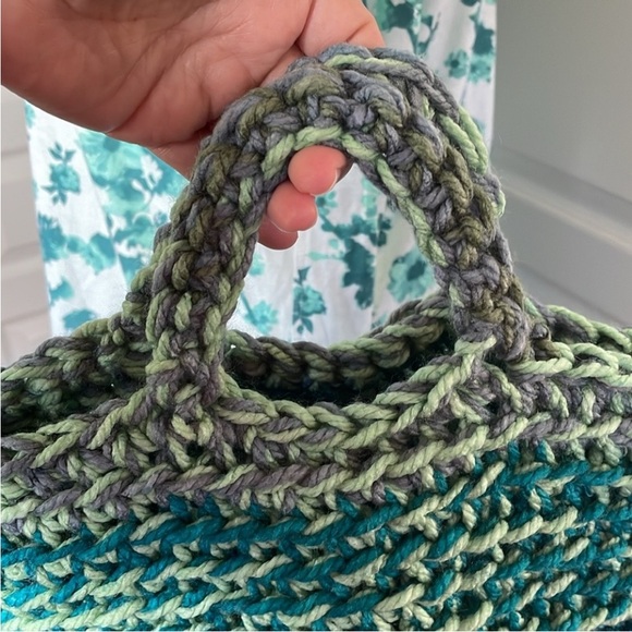 Handmade Basket Organization Green Blue Crochet Decor Hand Crafted Chunky Knit - Picture 14 of 17